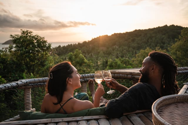 couple toasting wine outdoors