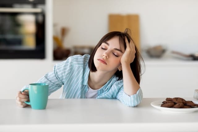 exhausted woman at kitchen counter