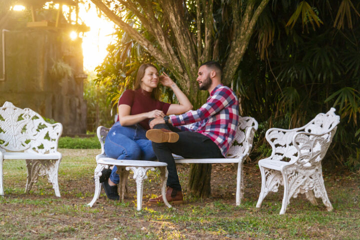 couple talking in sunset garden